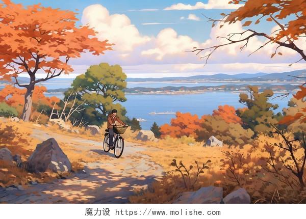 男人在林间小路骑自行车卡通AI插画秋日风景枫叶立秋秋天